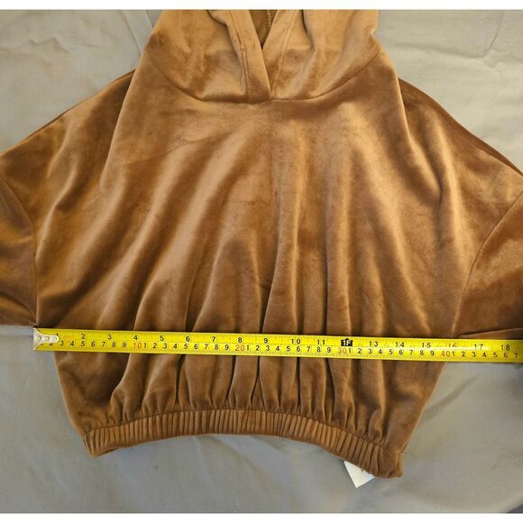Y2K Brown Velour Soft Plush Camel Pullover Cropped Hoodie S/M By Piazza Italia - Picture 8 of 11